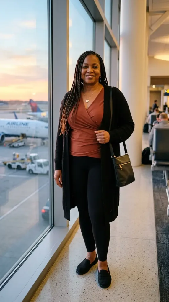 Woman in an ivory sweater, khaki chinos, and coral scarf looking fresh after a long flight