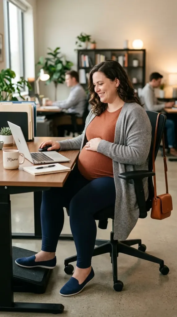 Comfortable third trimester maternity work outfit with supportive leggings