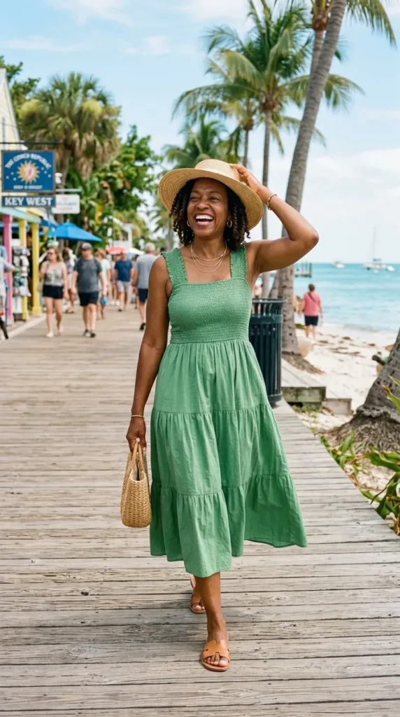 Sage-green tiered cotton midi dress with straw hat, a breezy beach day cruise outfit for women over 50