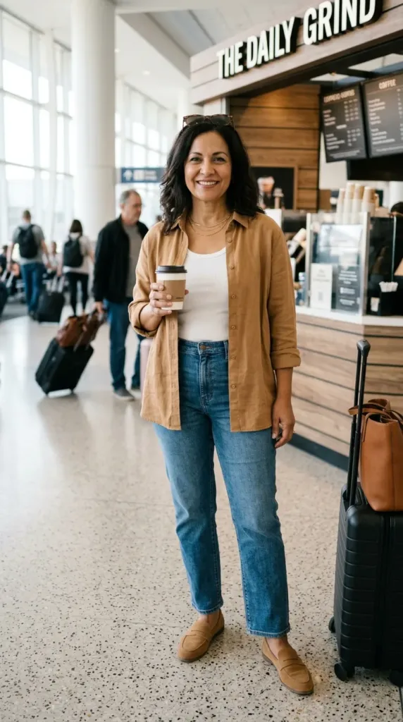 Woman layering a camel shirt jacket over a white tank with straight-leg jeans for air travel