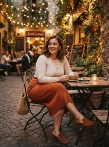 Comfortable plus size fall date outfit with elastic waist midi skirt