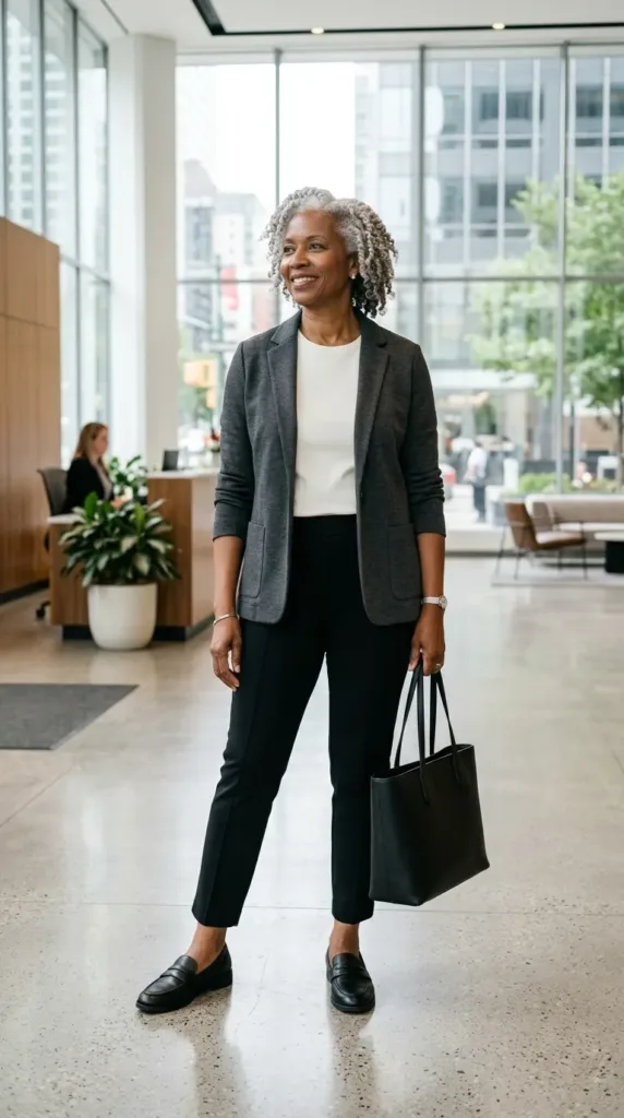 Woman in a charcoal knit blazer and tapered pants, a polished long flight outfit for over 50
