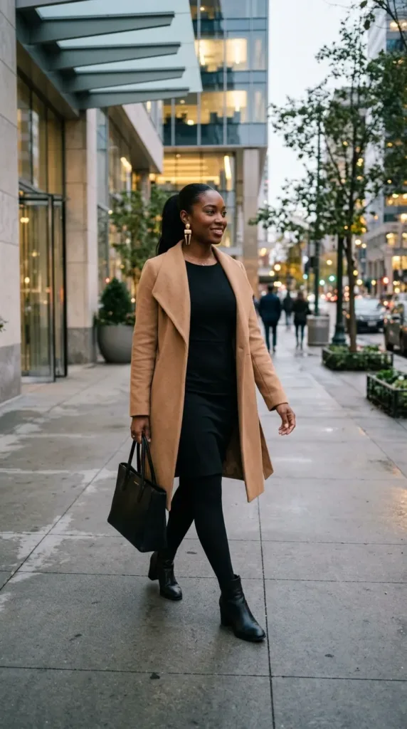 Black sheath dress office party outfit for work-to-dinner transition