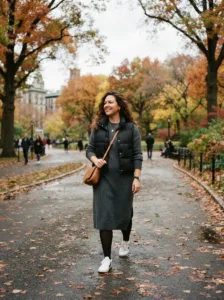 Comfortable plus size fall sweater dress date outfit with sneakers