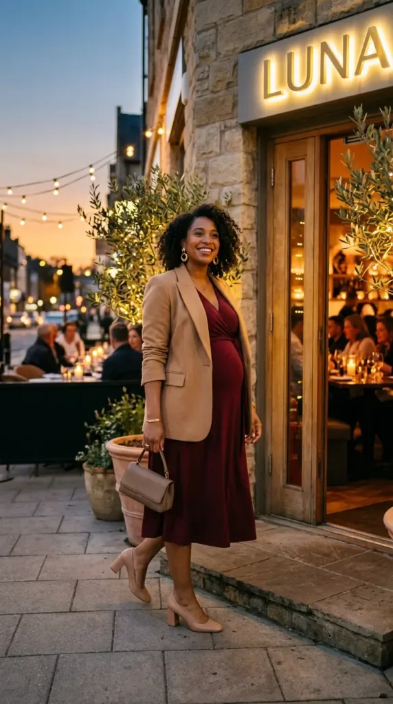 Versatile maternity outfit for work meetings and evening dinner