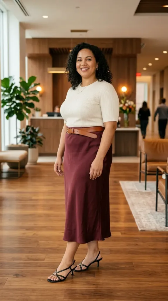 Burgundy midi skirt office party outfit idea for plus size women