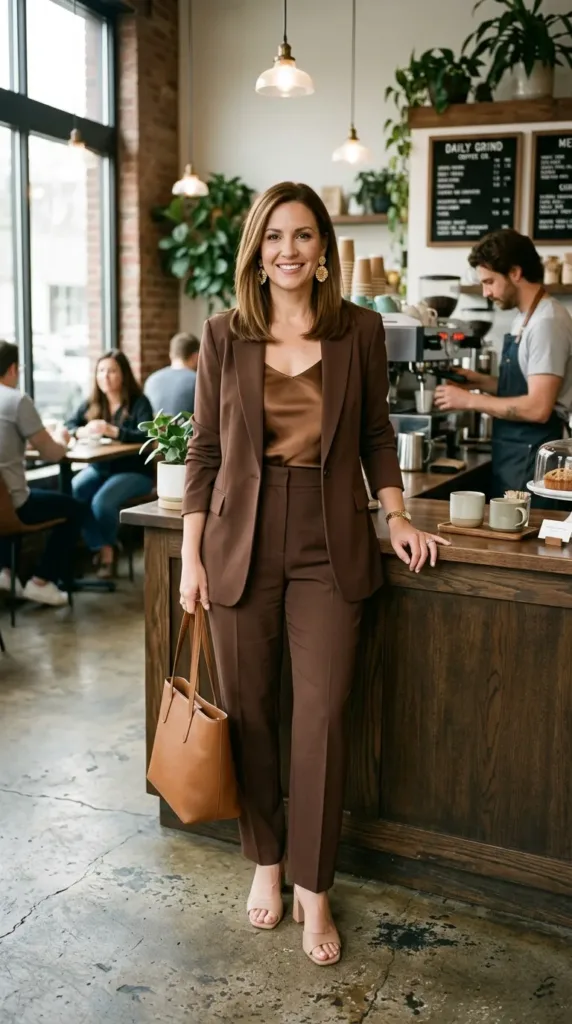 Monochrome brown suit office party outfit for curvy midsize women