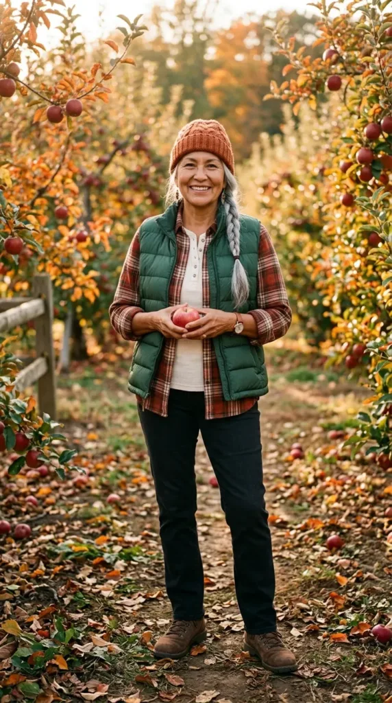 Plaid flannel with puffer vest and straight jeans, a cozy fall road trip outfit for women over 50