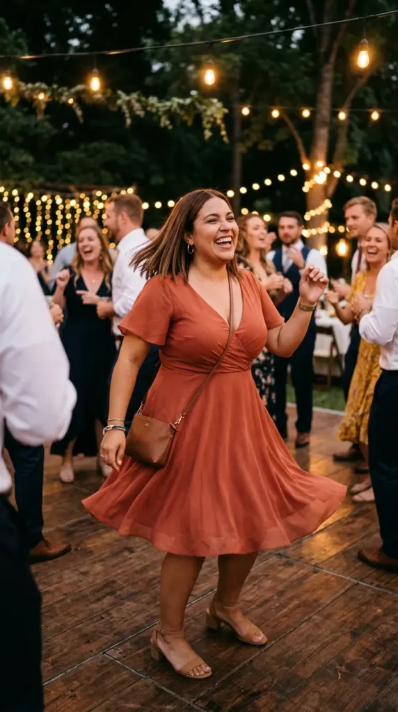 Terracotta plus size maid of honor dress with slip shorts for dancing