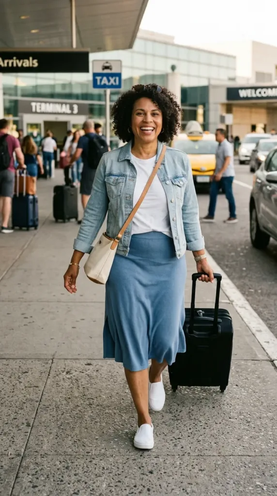 Woman in a cool-blue knit midi skirt with a white tee and denim jacket for comfortable flying