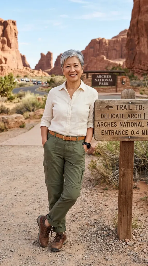 Woman in olive convertible cargo pants and cream shirt for a hiking vacation