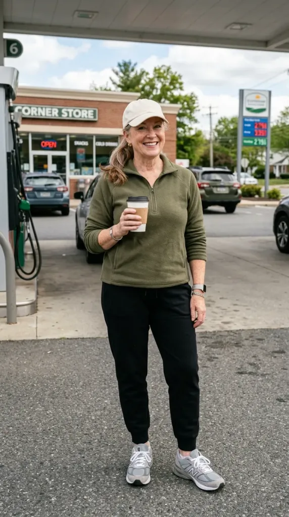 Olive quarter-zip and black joggers, an affordable road trip outfit for women over 50