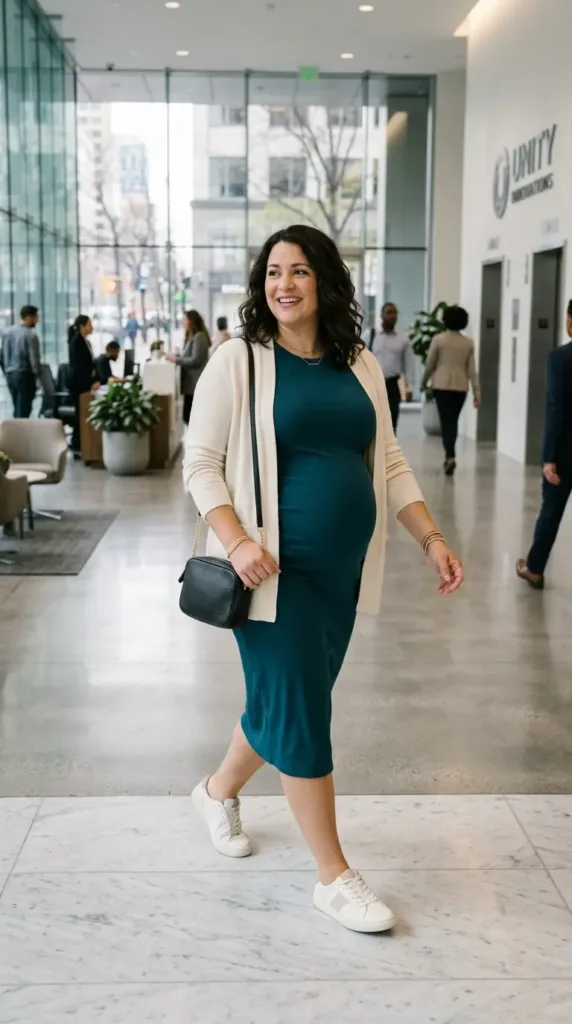 Chic pregnant work outfit with knit dress and comfortable sneakers
