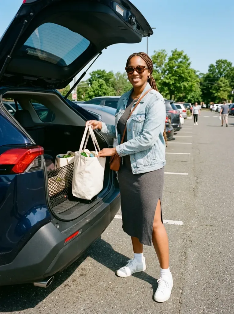 Plus size ribbed tee dress with denim jacket for easy spring errands