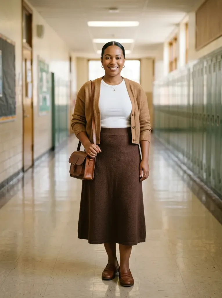 Plus size mom in knit midi skirt and cardigan for a parent-teacher conference
