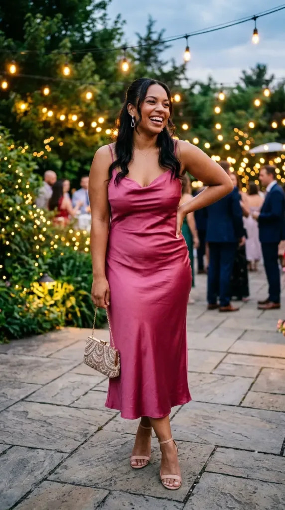 Glam plus size birthday outfit in berry pink satin slip dress