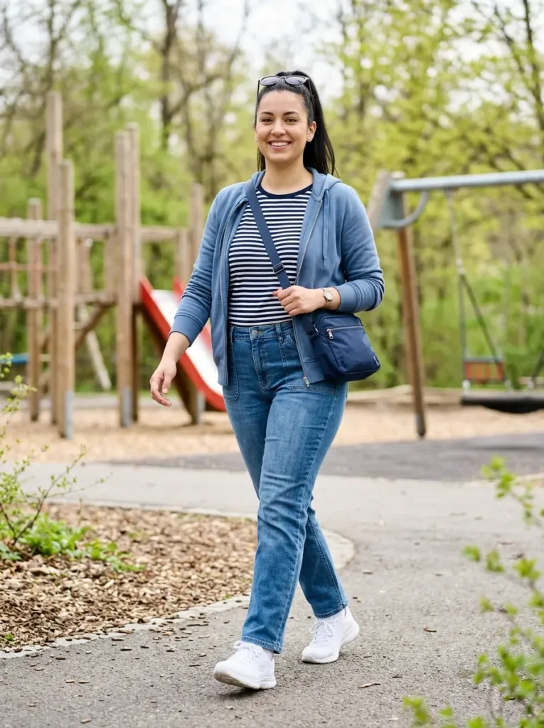 Plus size mom in stretch jeans and hoodie for a spring playground day