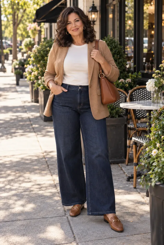 Casual outfit for women over 50 with wide-leg jeans and camel blazer