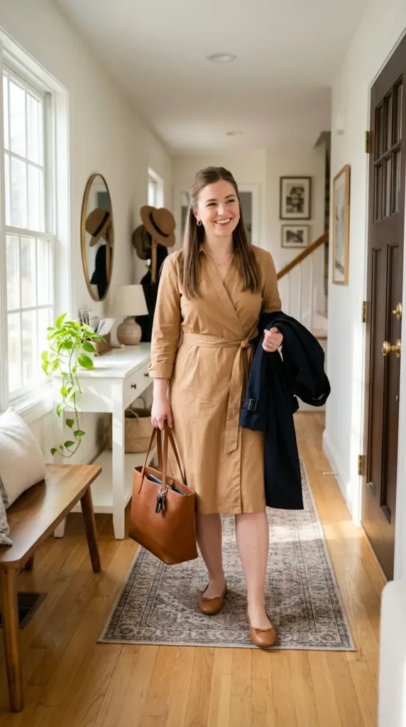 Camel wrap plus size maid of honor dress for all-day wedding wear