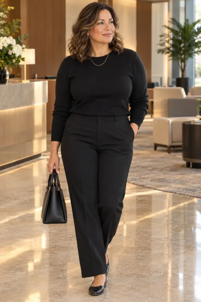 Quiet luxury outfit for women over 50 in black basics]