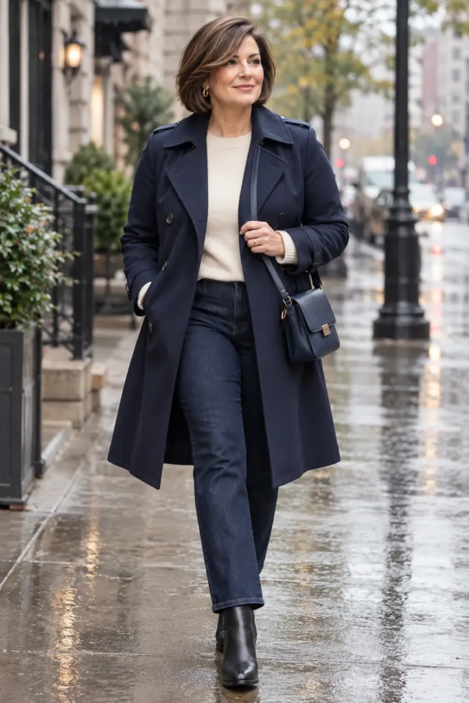 Rainy day trench coat outfit for women over 50