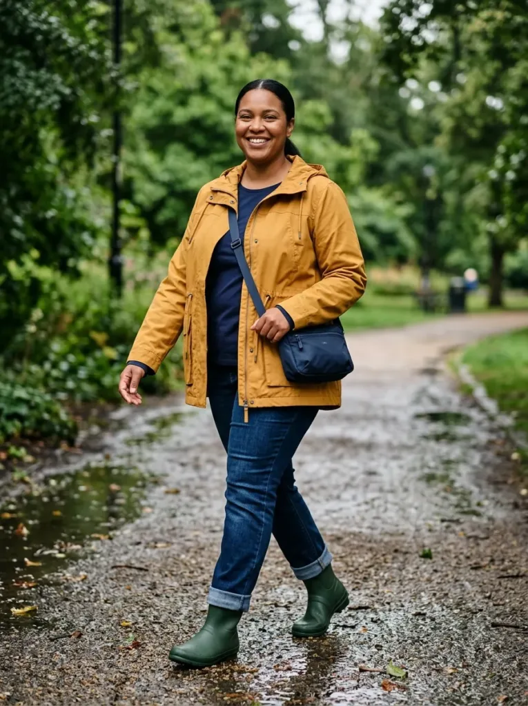 Plus size mom in mustard utility jacket and rain boots for a rainy spring park day