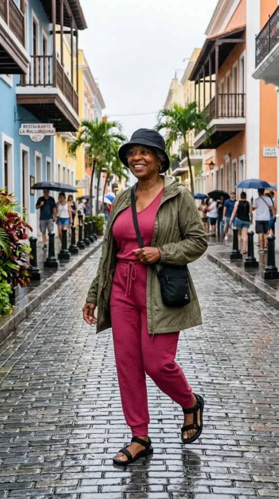 Raspberry knit jumpsuit with packable rain jacket, a rainy port day outfit for a Caribbean cruise over 50