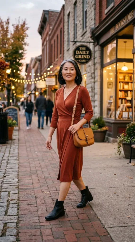 Rust jersey wrap midi dress with black ankle boots for a stylish over 50 travel outfit