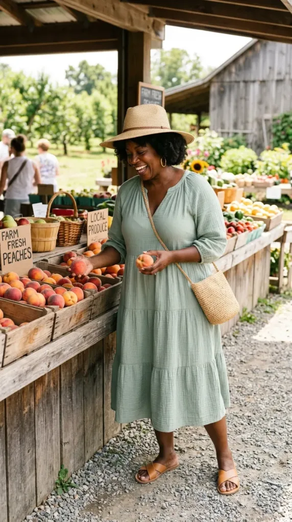 Sage green gauze midi sundress with straw hat, a comfy summer road trip outfit for women over 50
