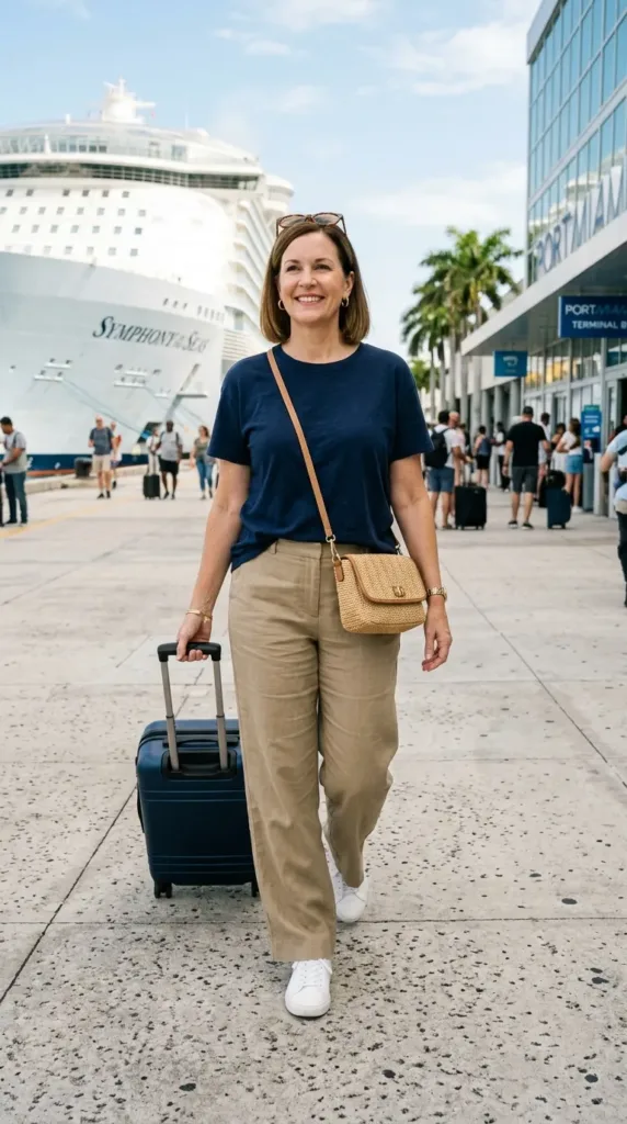 Woman in navy tee and khaki wide-leg pants, a comfy Caribbean cruise outfit for over 50 on embarkation day