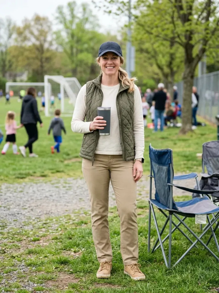 Plus size mom in quilted vest and khaki pants for spring sideline games