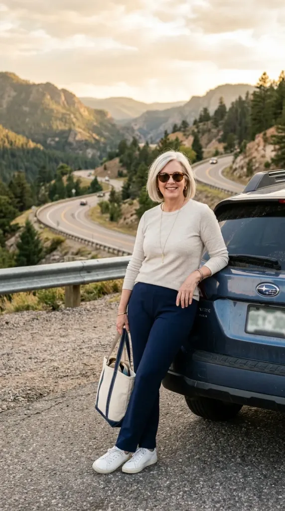 Road trip outfit for over 50 with oatmeal ribbed tee, navy ponte pants, and white sneakers