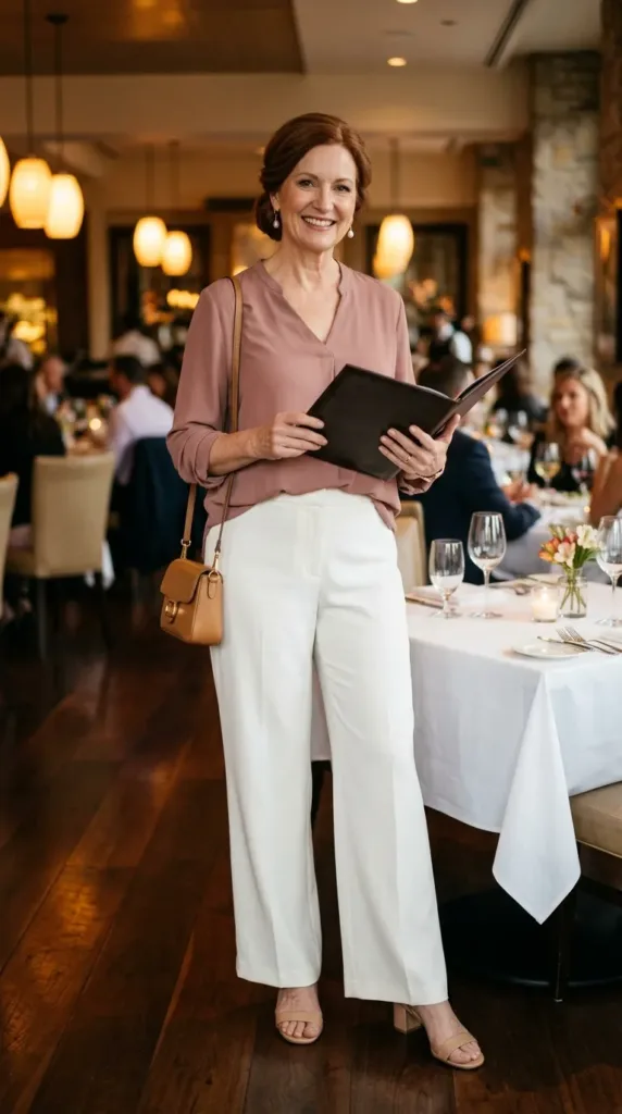Dusty-rose crepe blouse with ivory wide-leg pants, a smart-casual dinner outfit for a Caribbean cruise