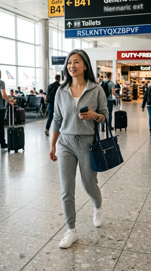 Woman in a rust wrap top with black leggings and a longline cardigan for a smooth travel look