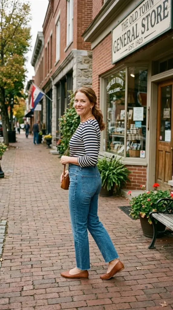 Plus-size woman in a navy striped boat-neck tee and straight-leg jeans on a small-town street
