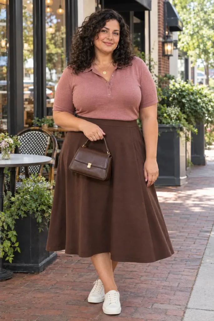 Casual midi skirt outfit for women over 50 with sneakers