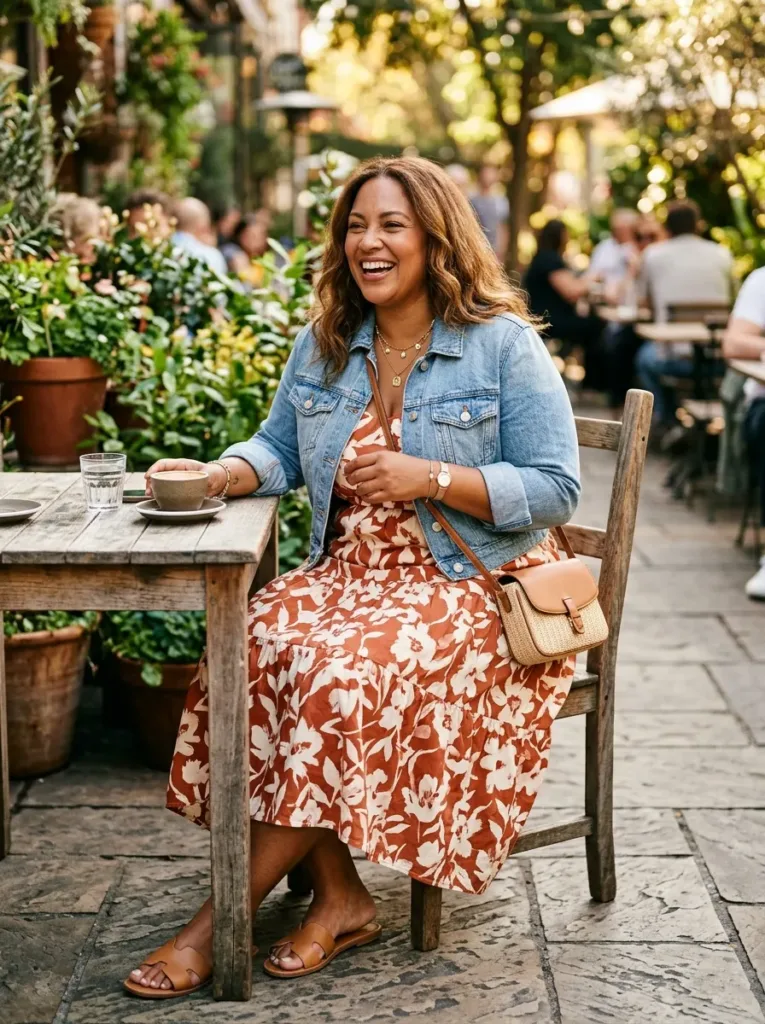 Plus size floral tiered midi dress with denim jacket for busy spring mom days