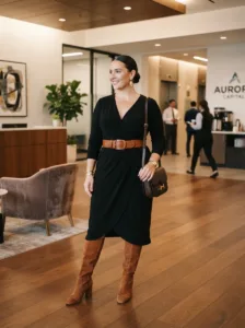 Plus size work to date night outfit with wrap dress and knee high boots