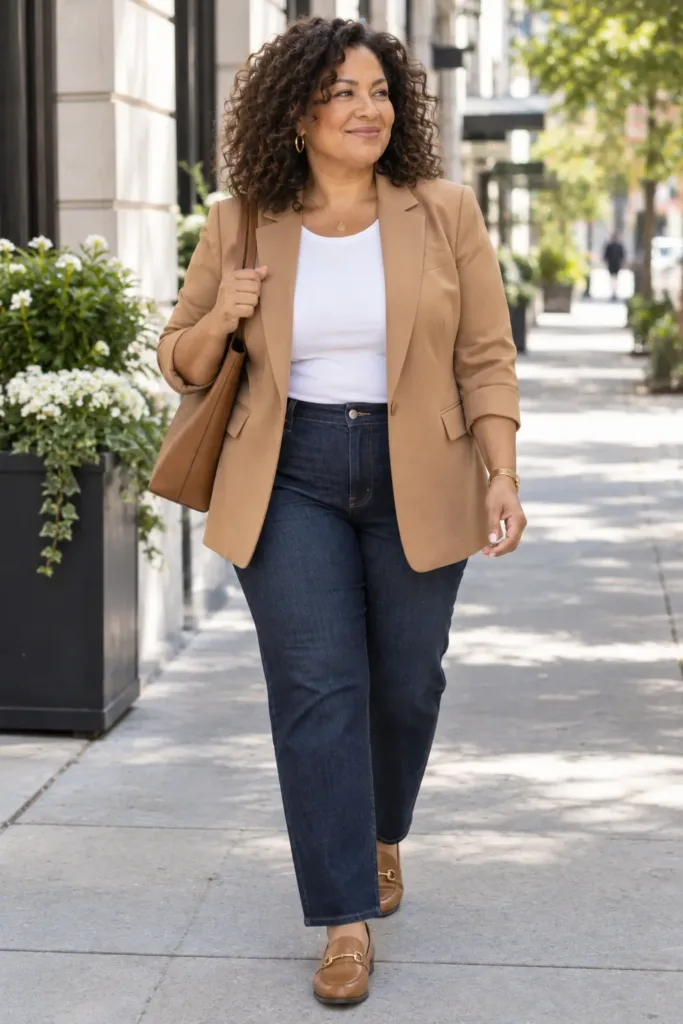 Elevated casual outfit for women over 50 with camel blazer