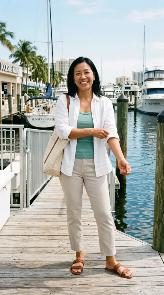 White UPF linen shirt over seafoam tank with crop pants, a sun-smart Caribbean cruise look for women over 50