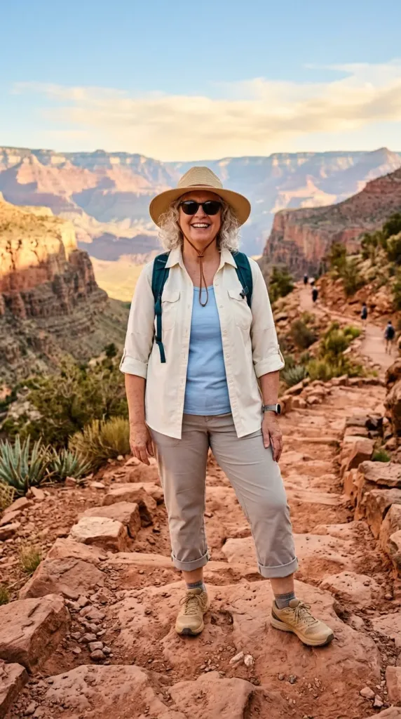 Woman in cream UPF shirt and cropped hiking pants, a sun-smart hiking outfit for over 50