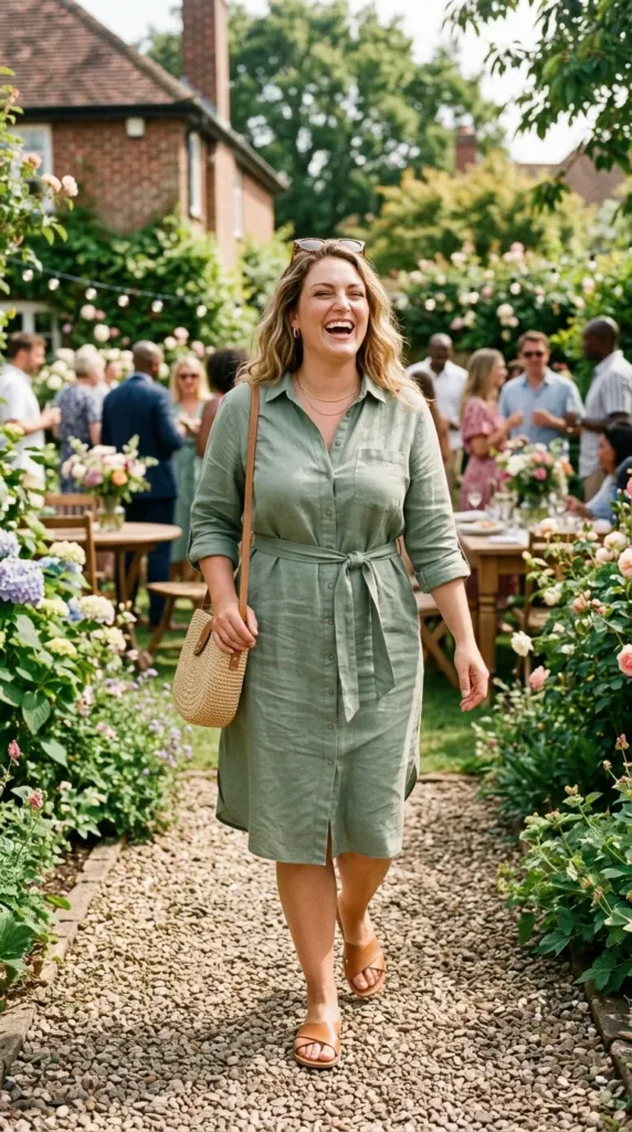 Plus size summer birthday outfit in sage green linen dress