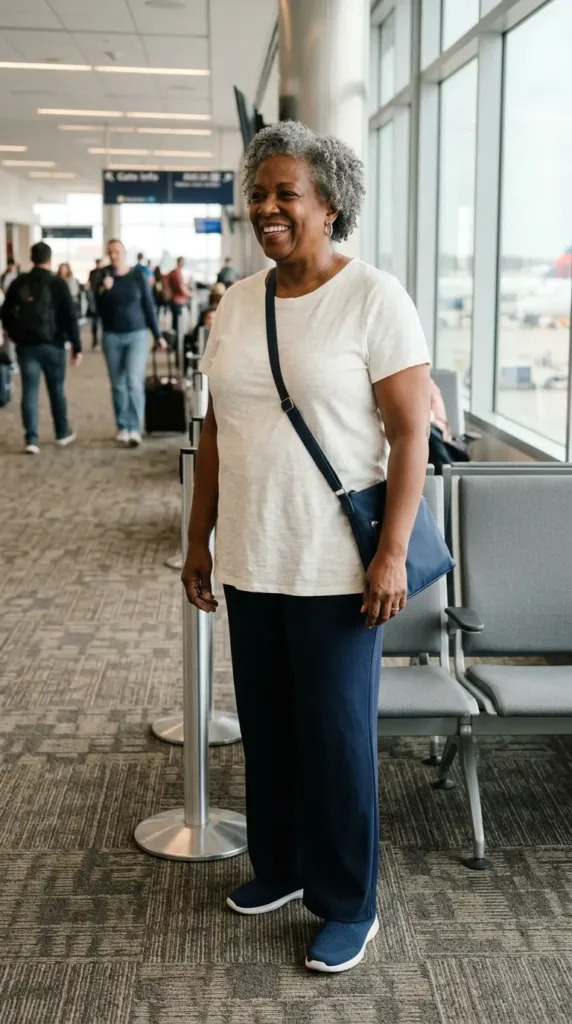 Woman in navy wide-leg pants and an ivory tunic, an easy travel outfit for swollen ankles