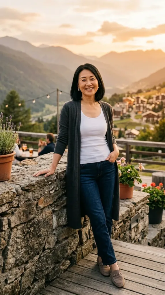 Woman in a charcoal knit duster, white tank, and dark straight-leg jeans on a resort terrace
