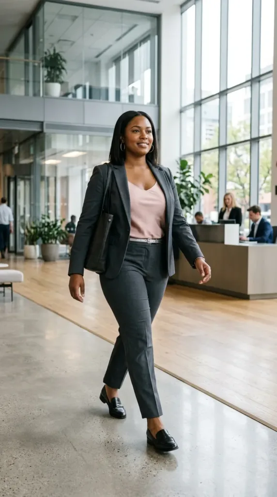 Charcoal trouser suit office party outfit idea for plus size women