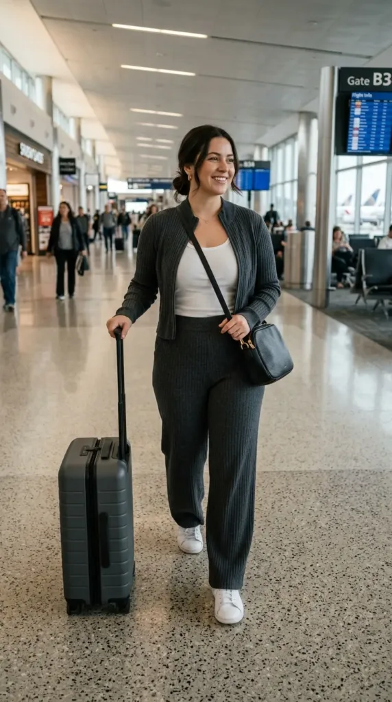 Comfortable plus size birthday travel outfit in gray knit set