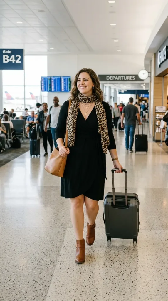 Travel friendly black wrap dress office party outfit for curvy women