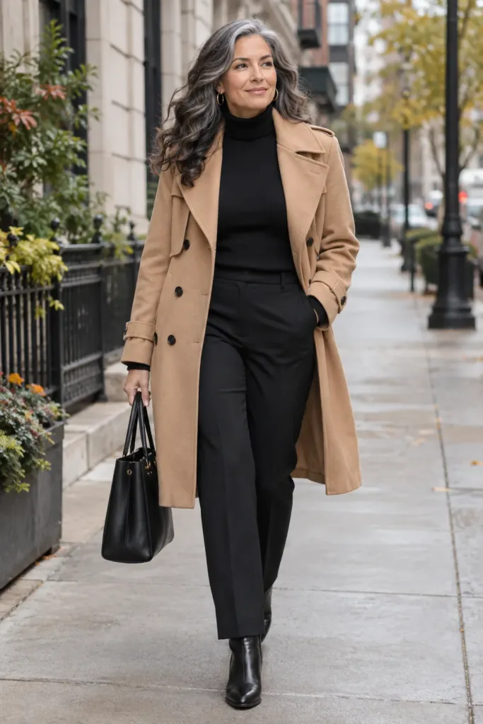 Trench coat outfit for women over 50 that looks expensive