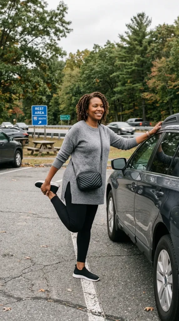 Gray tunic sweater with black leggings and slip-on sneakers for a comfy over 50 road trip look