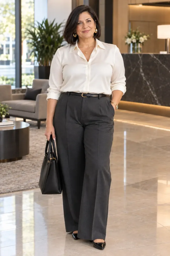 Wide leg trouser outfit for women over 50 that looks expensive